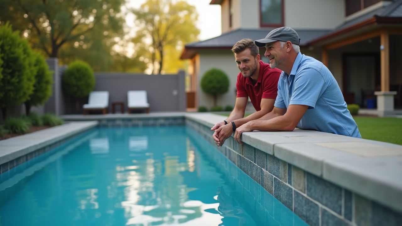 Pool service professional conducting a property walkthrough with a property manager, both looking at pool equipment