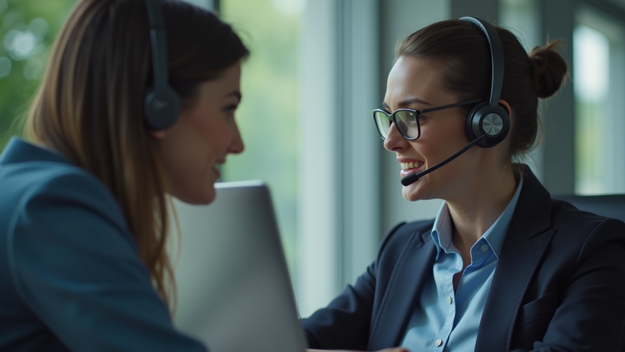 Split screen showing ringing phone going to voicemail on one side, and professional team member answering call with headset on the other