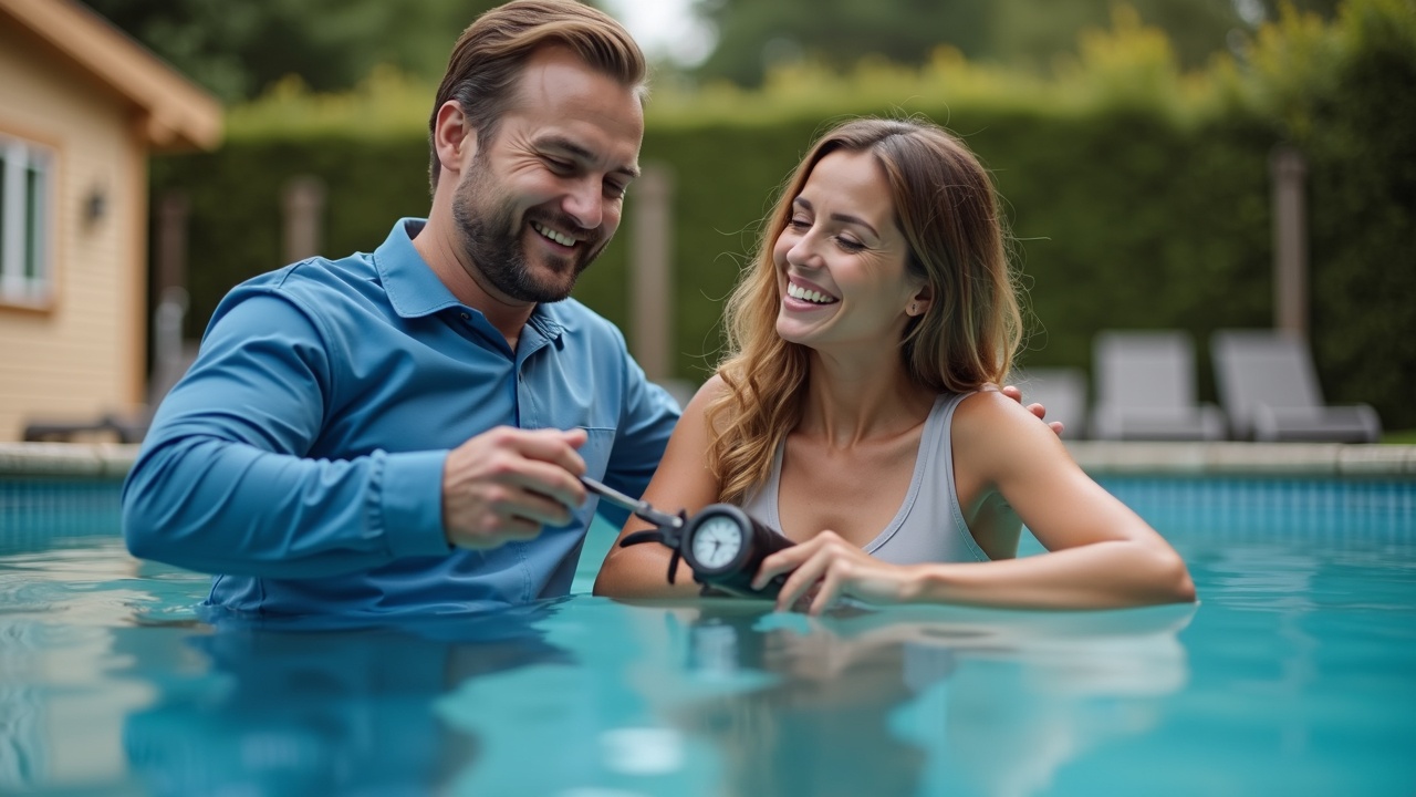 Pool service professional showing new homeowner how to use pool testing kit, both people smiling, pool equipment visible in background