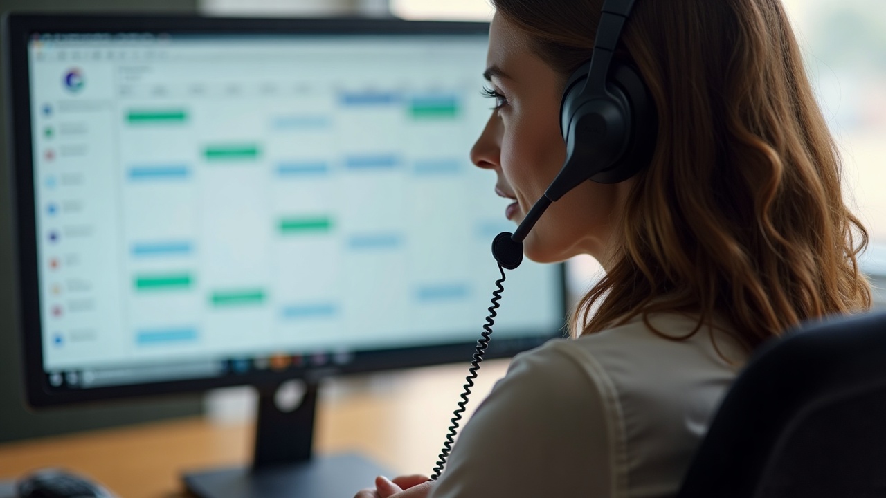 Office team member on phone headset looking at scheduling calendar on computer screen, making confirmation calls