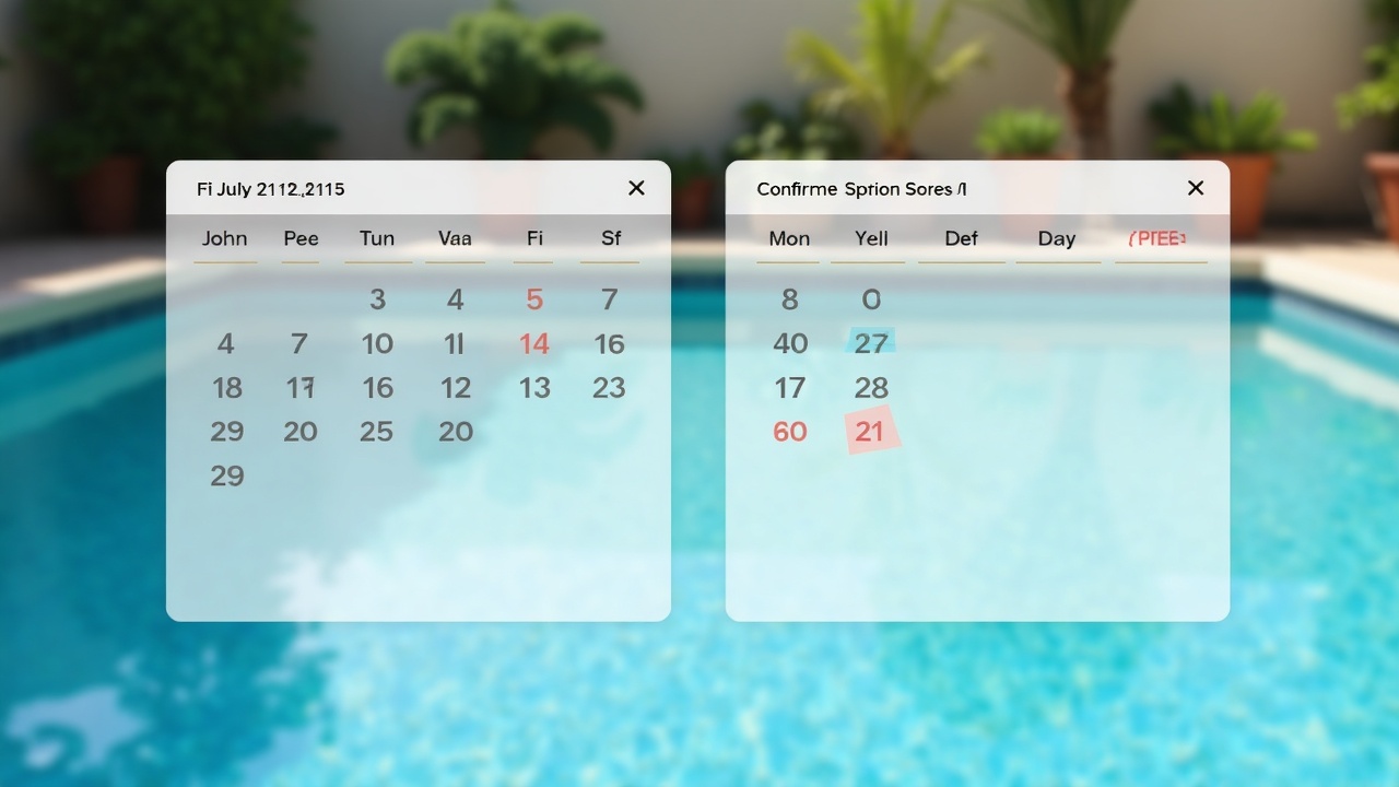 Split-screen comparison showing empty pool service appointment slot on calendar versus rescheduled appointment marked confirmed