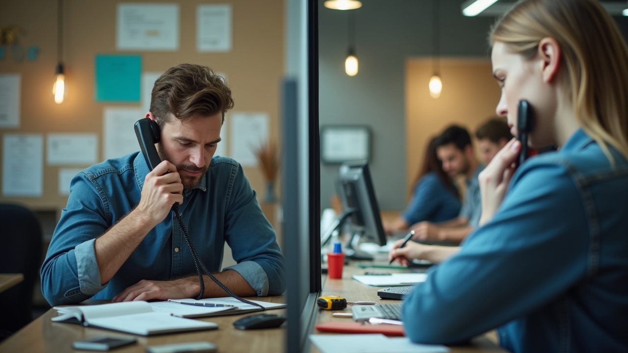 Split-screen image showing pool company owner overwhelmed with phone and tools on one side, organized office team handling calls on the other side