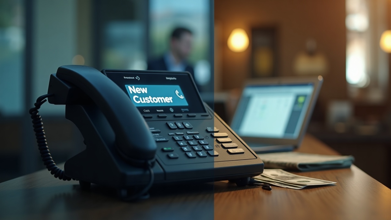 A split-screen visual: left side shows a ringing phone with 