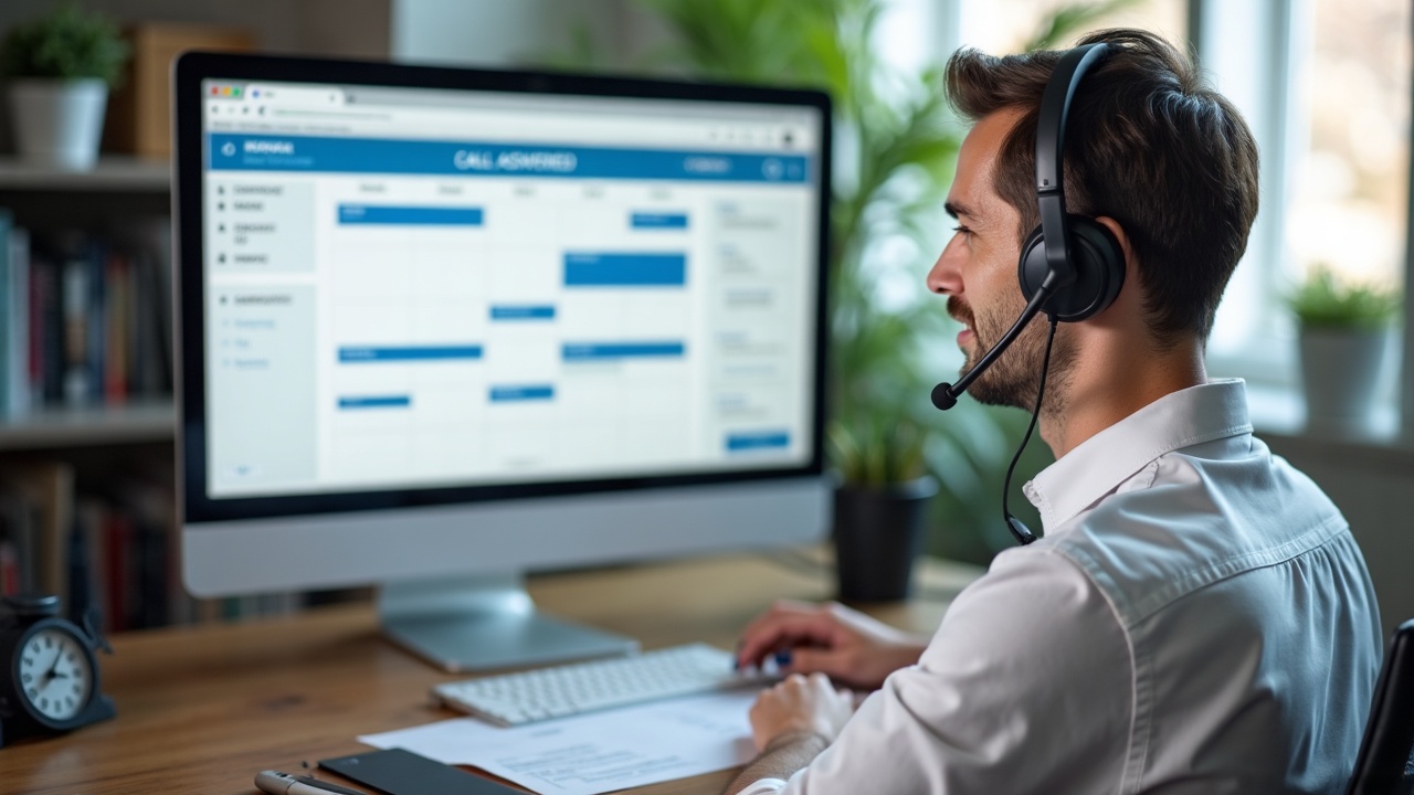 A clean, organized office desk with a headset, computer screen showing a booked calendar full of pool service appointments, and a 