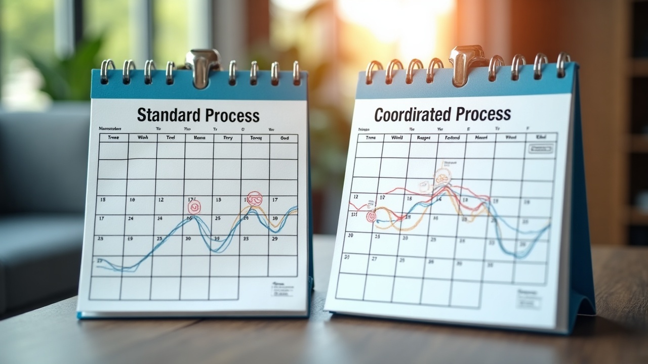 Side-by-side calendar comparison showing 'Standard Process' with permit delays and customer drop-off versus 'Coordinated Process' with faster approval and retained customer