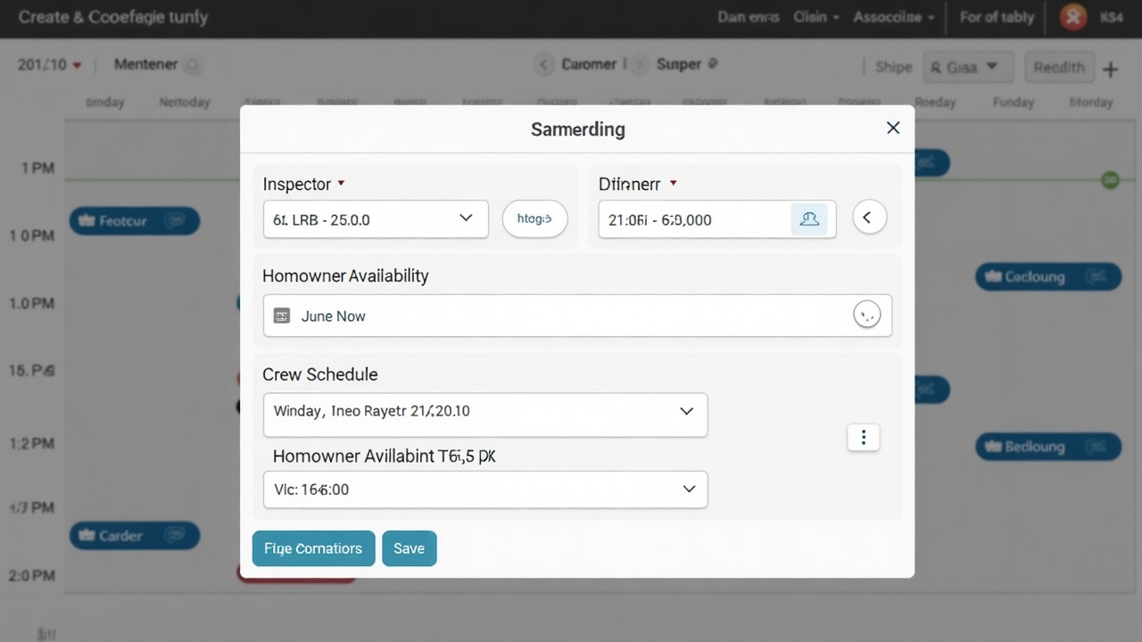 Calendar view showing coordinated scheduling between inspector availability, crew schedule, and homeowner availability with confirmation timestamps