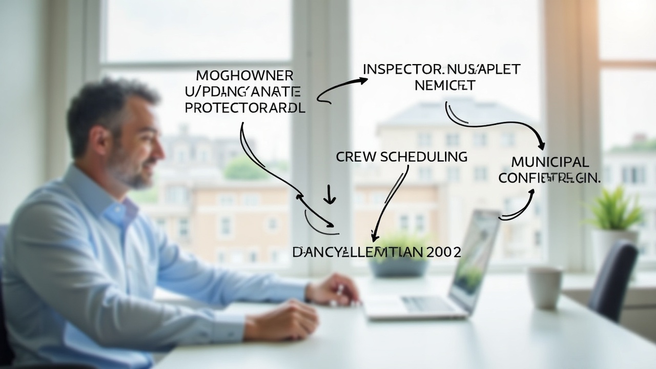 Flowchart showing the coordination sequence between homeowner inquiry, inspector availability check, crew scheduling, and municipal confirmation