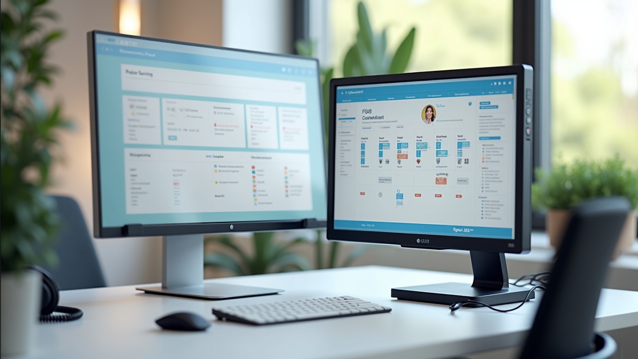 Clean, organized home office setup showing call dashboard on monitor with pool service scheduling calendar, headset, and professional phone system suggesting dedicated phone coverage team