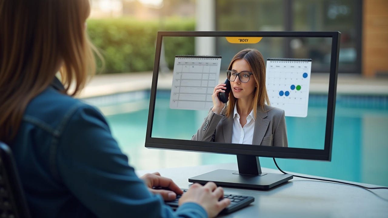 Split screen showing pool contractor missing call while working vs. professional team member answering phone with scheduling calendar visible