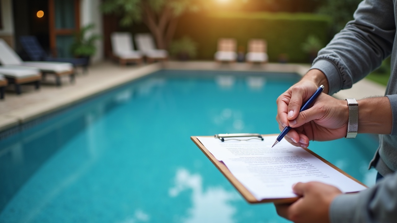 Pool contractor shaking hands with homeowner next to freshly resurfaced pool with smooth pebble finish, clipboard with signed contract visible