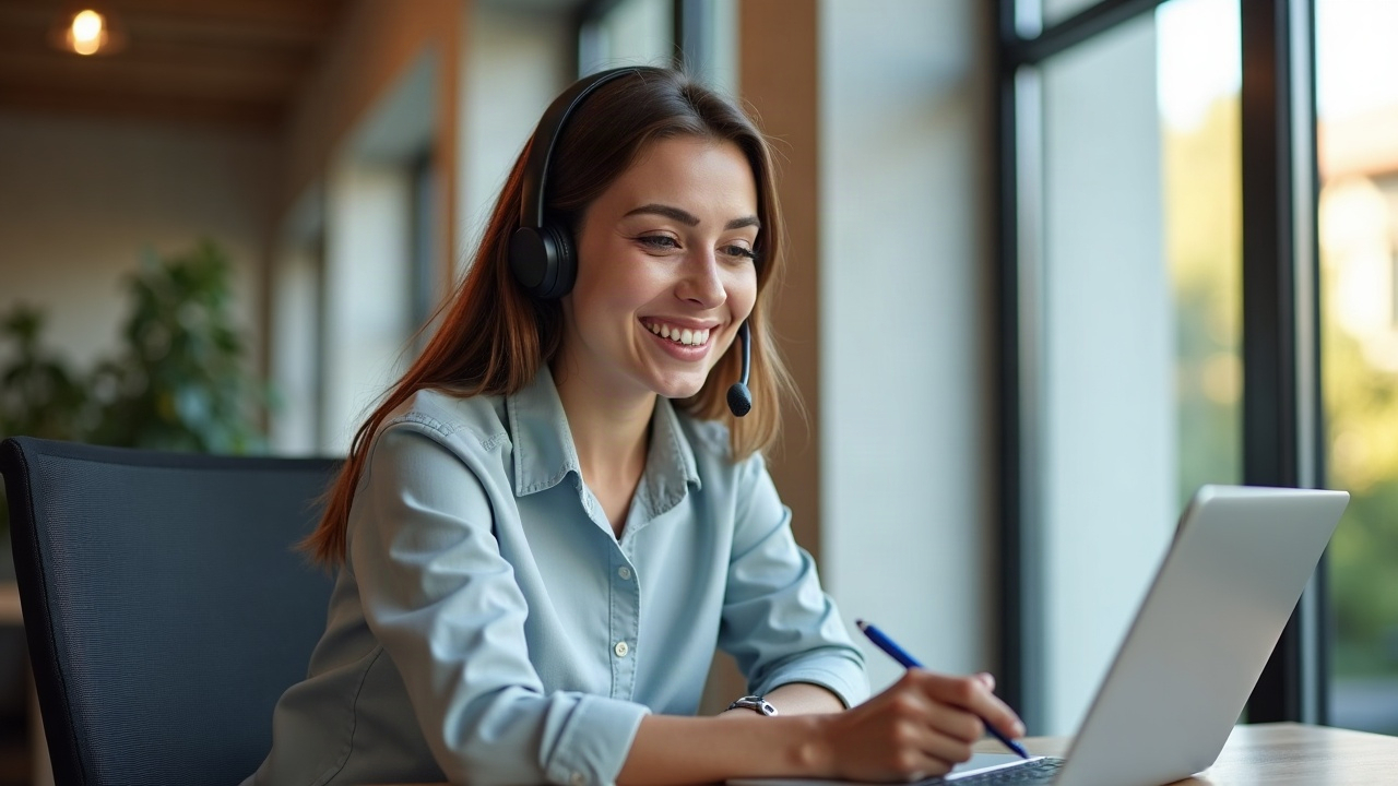 A professional front office team member on a headset, smiling and taking notes while booking a pool plaster repair estimate, conveying confidence and responsiveness