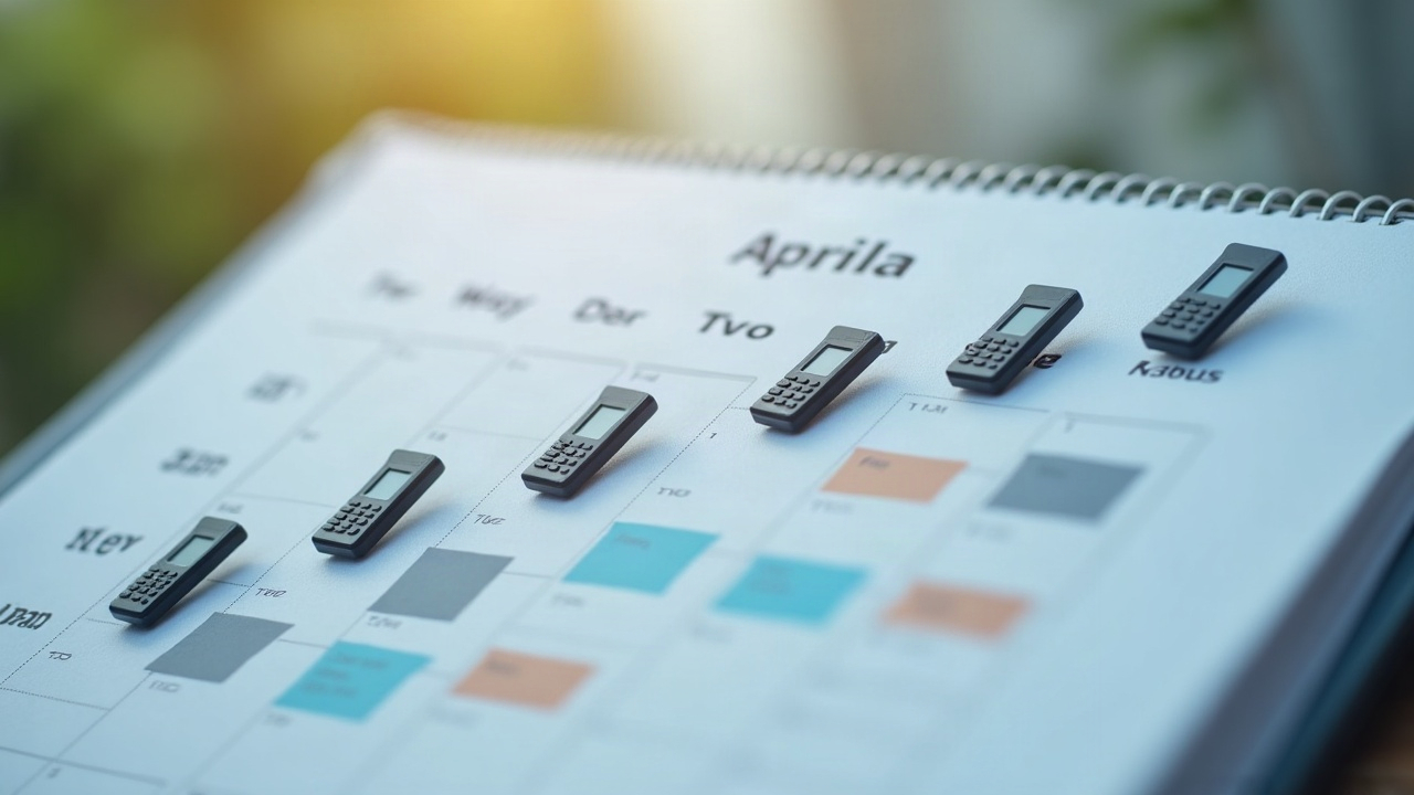 Calendar showing April with multiple phone icons stacked on certain days, illustrating the concentrated surge of pool opening calls