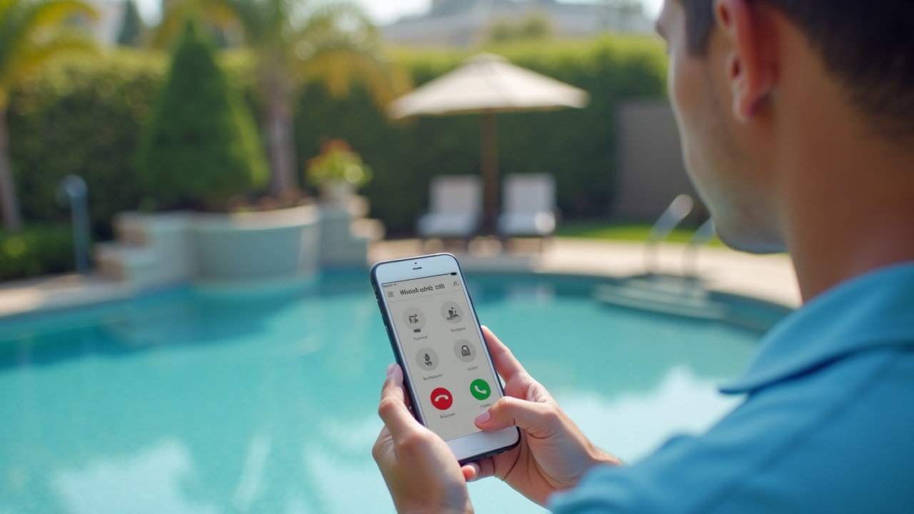 Pool company owner at a job site looking at a phone showing multiple missed calls, with a pool and equipment visible in the background