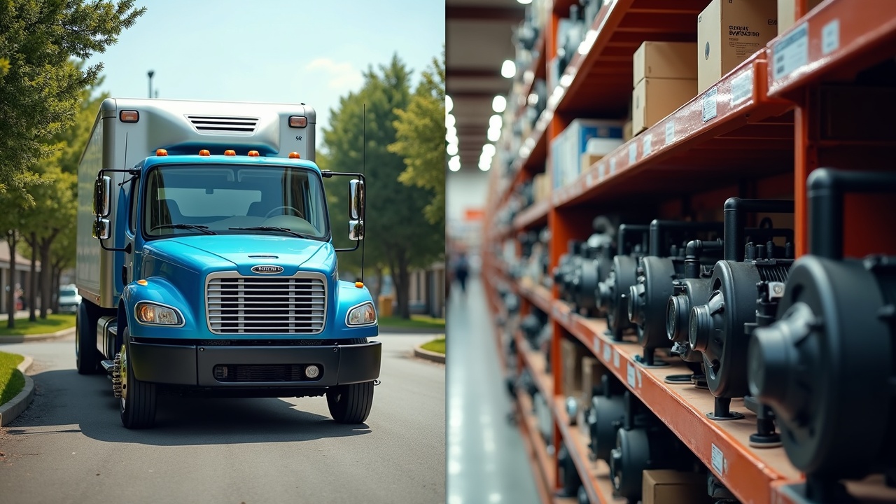 side-by-side comparison showing a pool service truck in a driveway versus a big box store aisle with pump motors stacked on shelves