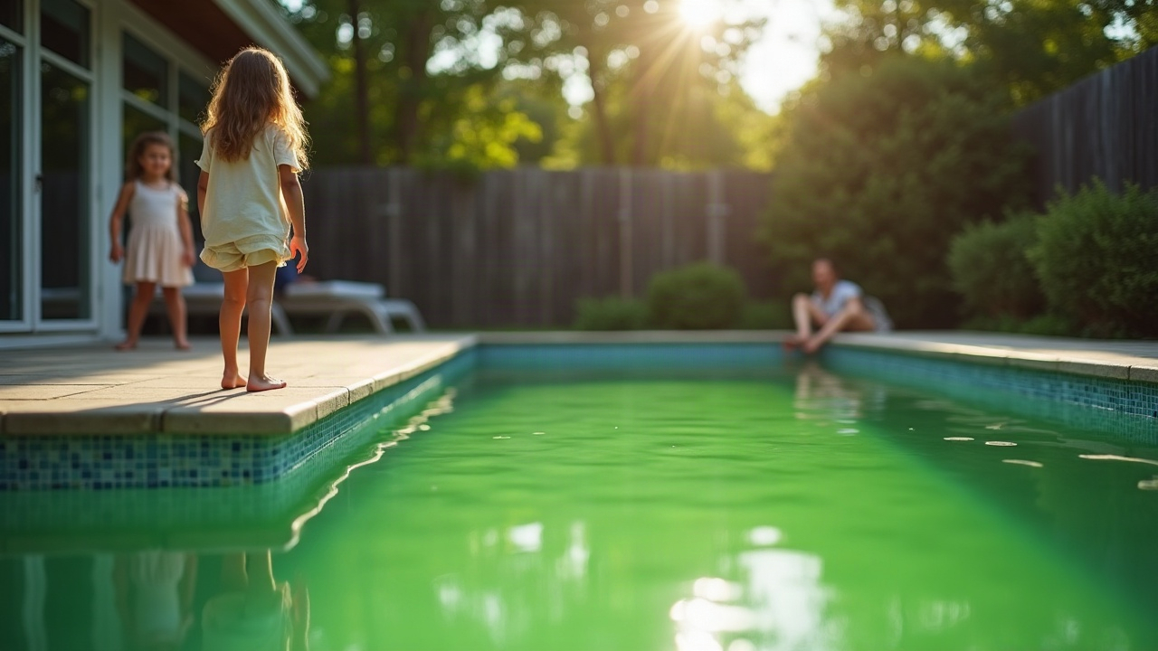 Split image showing a missed call notification on one side and a family standing next to a green, algae-filled pool on the other