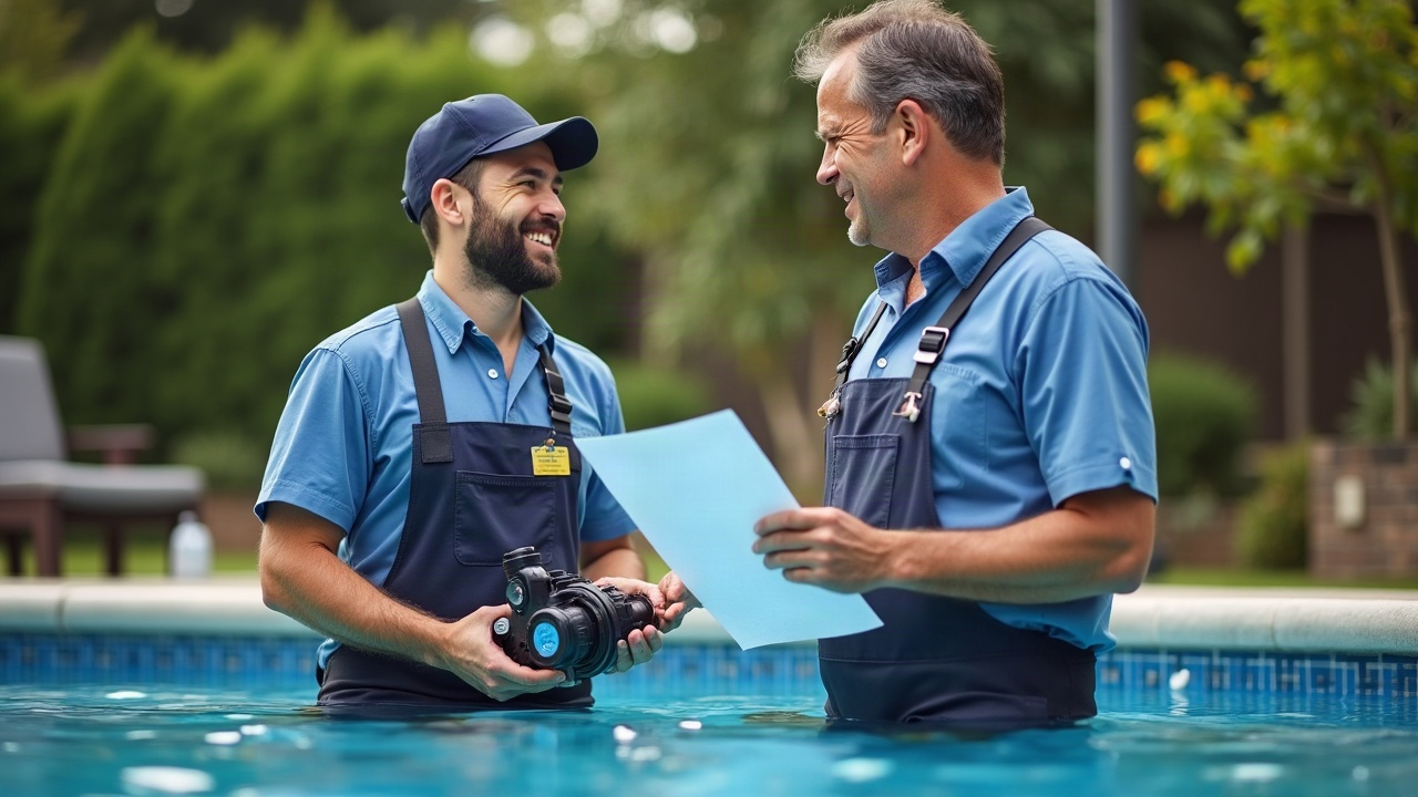 A professional pool technician installing a new pump motor while talking with a satisfied homeowner who is holding a service agreement
