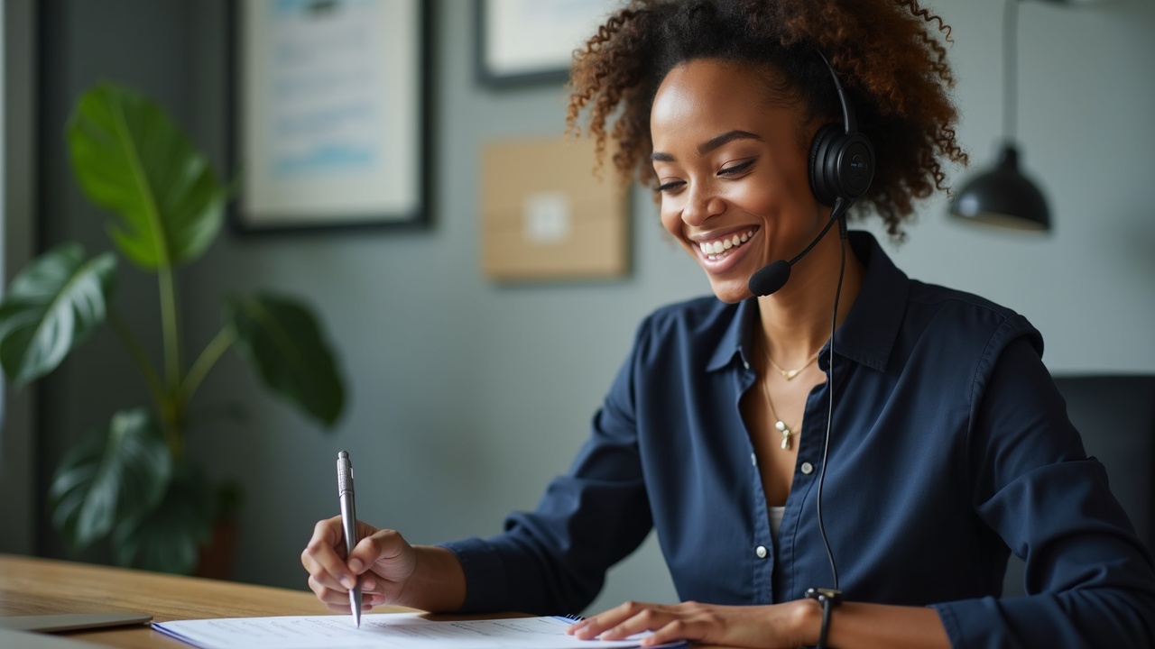 Friendly office professional wearing a headset, smiling while taking notes, with a pool service calendar and equipment reference guide visible on desk