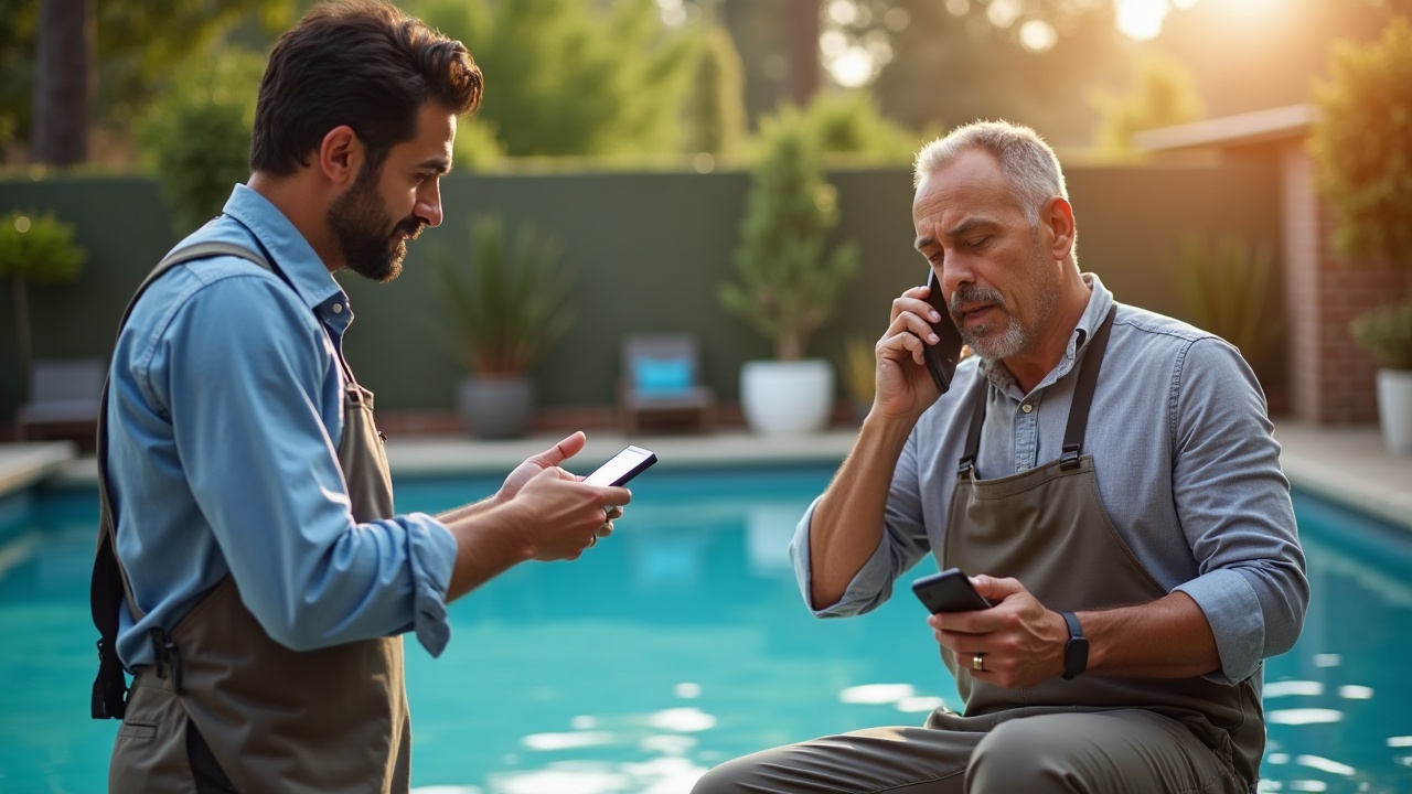 Split-screen showing stressed pool company owner trying to answer phone while kneeling next to pool equipment, contrasted with organized front office team member calmly taking notes during a call