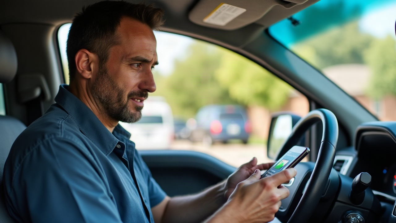 Pool service owner in truck looking stressed while juggling phone calls between job sites, with multiple missed call notifications visible on phone screen