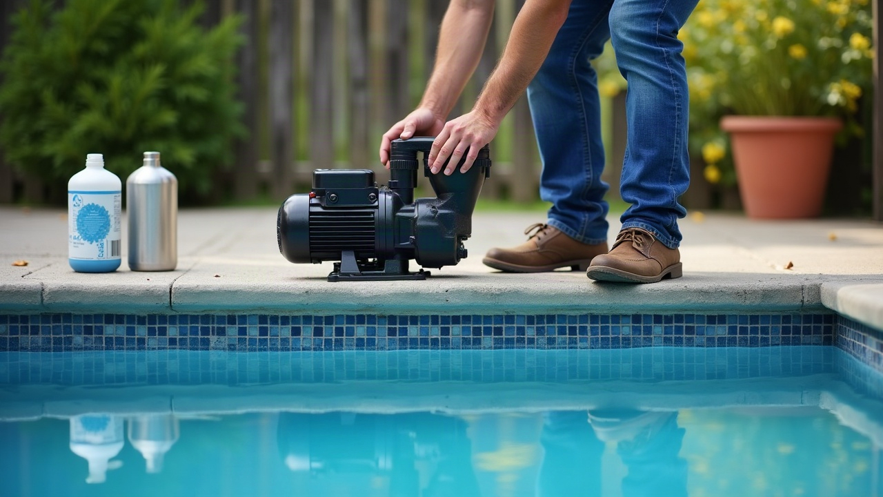 Professional pool technician installing a new pump on a clean equipment pad, with the old pump and new equipment packaging visible, showing professional installation in progress