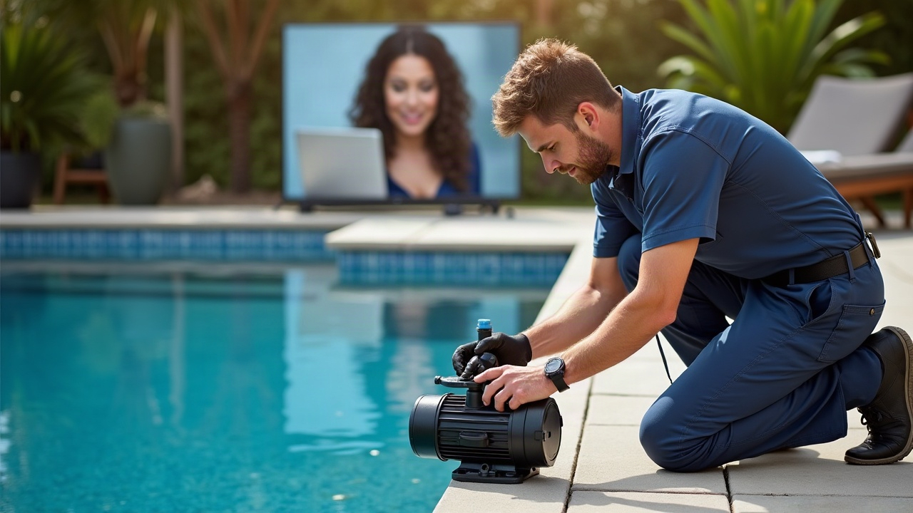 A pool service technician installing a new pump while a professional office team member is shown in a split screen answering phones with headset and scheduling software