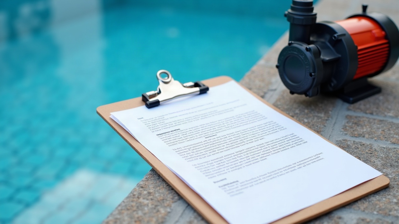 A professional service agreement document on a clipboard next to a newly installed pool pump with clear blue pool water in the background