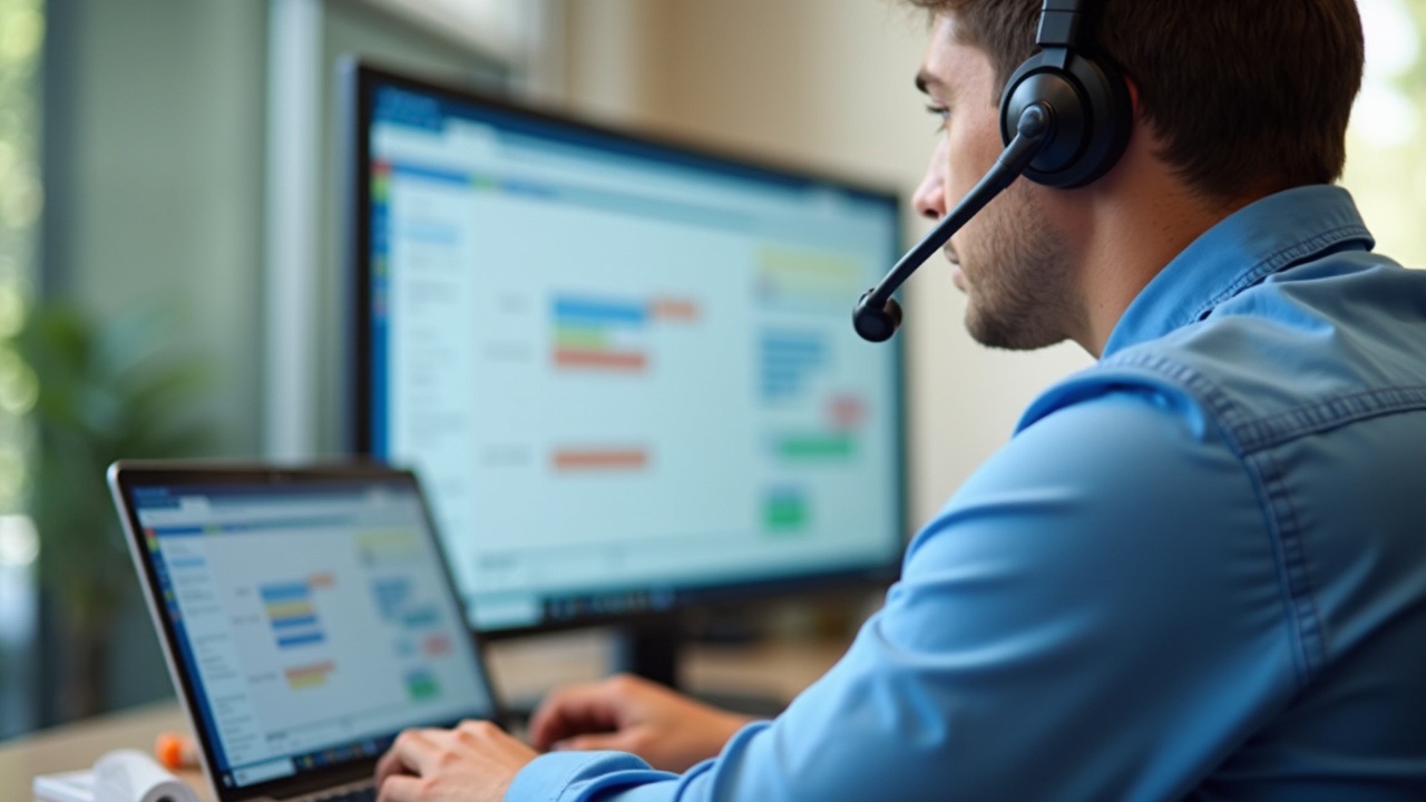 Pool company front office team member on headset looking at scheduling software with warranty claim notes visible on screen