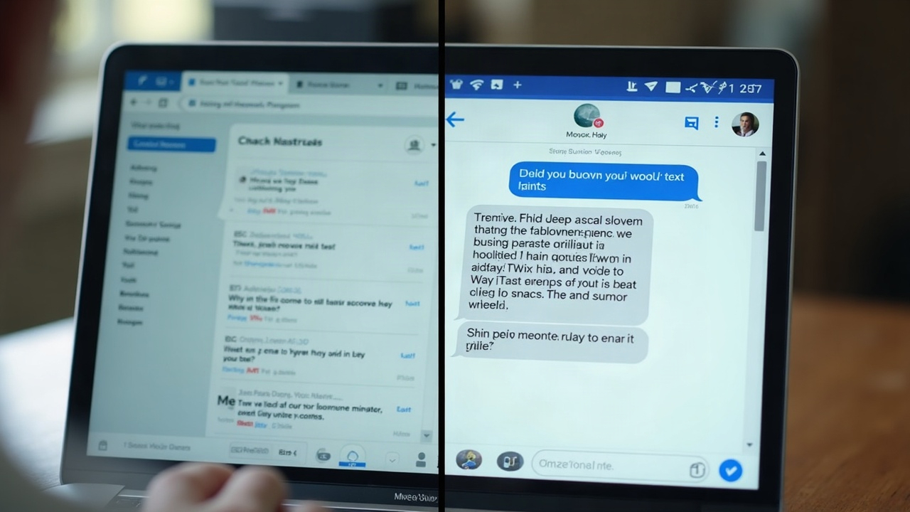 Split-screen comparison showing a cluttered email inbox with buried pool quotes on one side, and a clean follow-up text conversation with clear next steps on the other