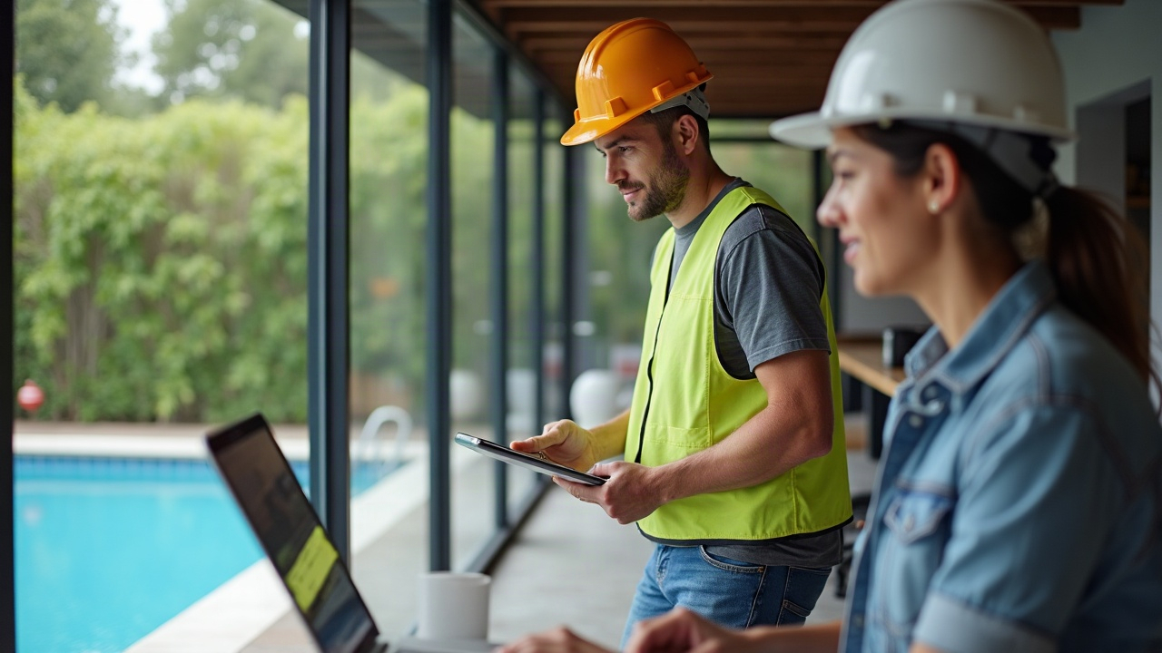 A pool contractor on a job site, relaxed and focused on work, while a front office team handles calls and messages on screens in a modern office setting