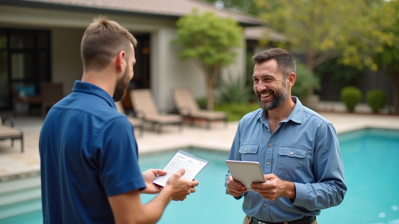 A pool service technician presenting a welcome packet to a smiling couple at their backyard pool, with a realtor standing beside them