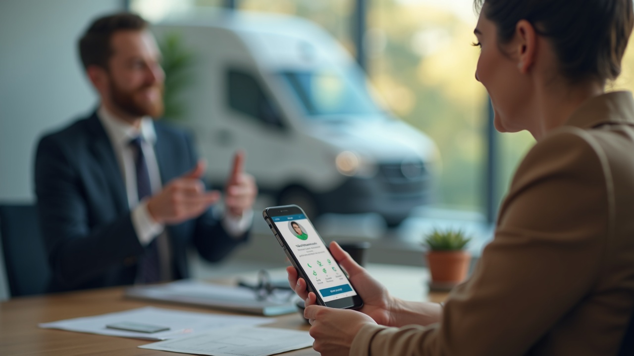 A smartphone showing an incoming call from a realtor, with a pool service truck in the background and a professional front office team member answering the call at a desk