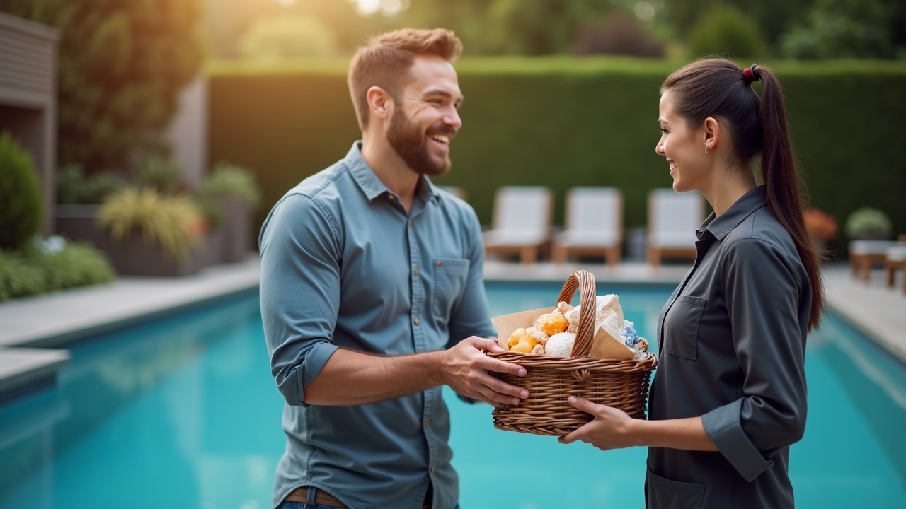 Happy pool owner receiving thank-you gift basket from pool company team member, with beautiful renovated pool in background