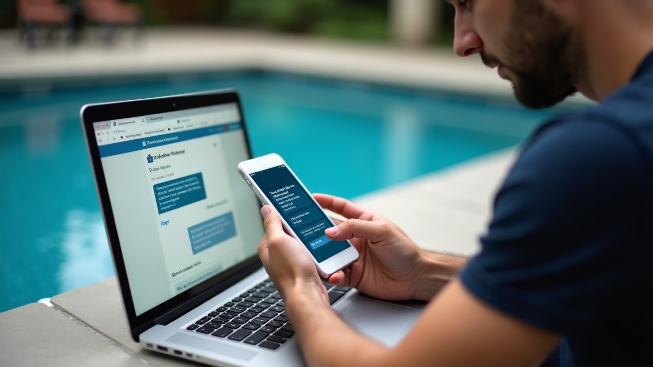 Split screen showing pool technician at work with text message conversation where customer shares neighbor's contact info for referral