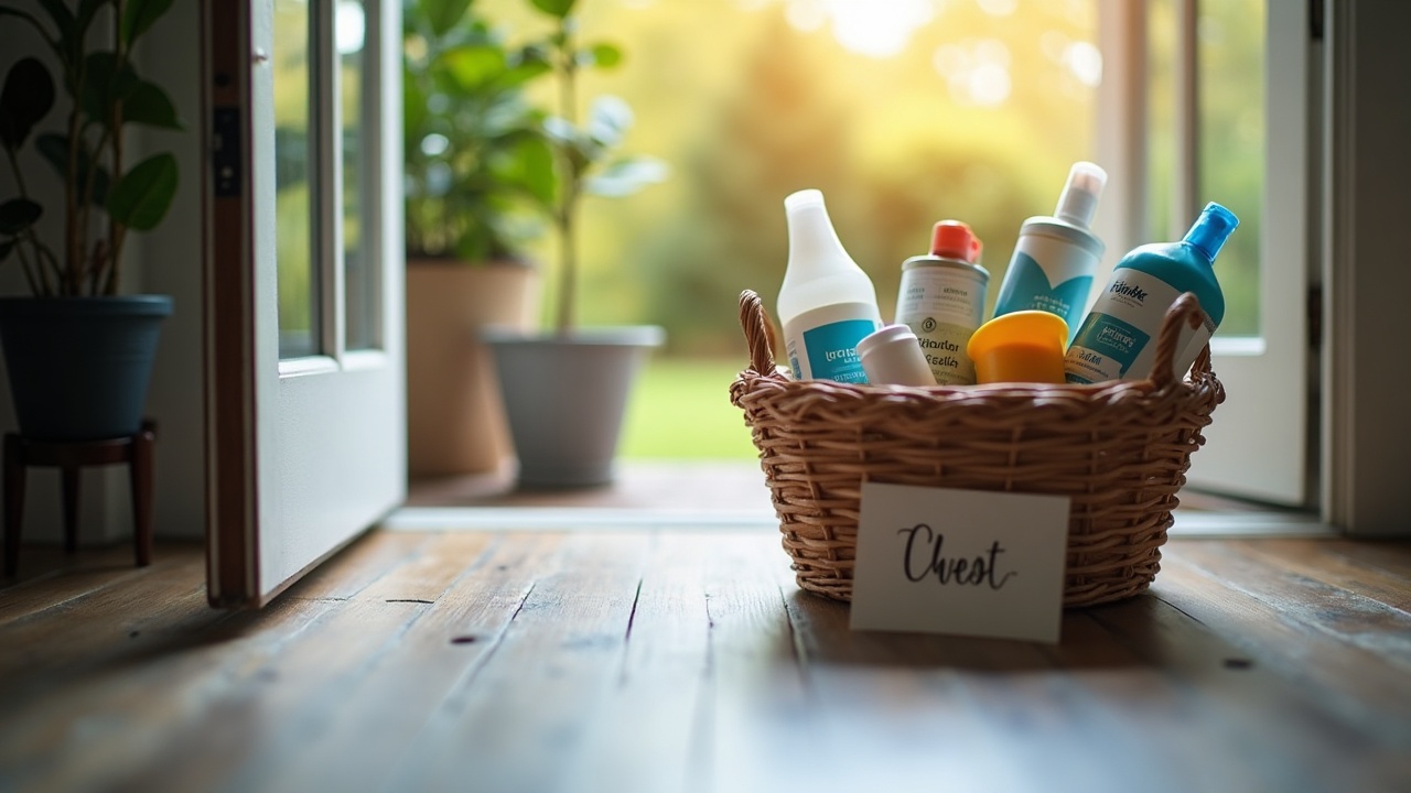 Thank you card and small gift basket with pool care products on customer's doorstep