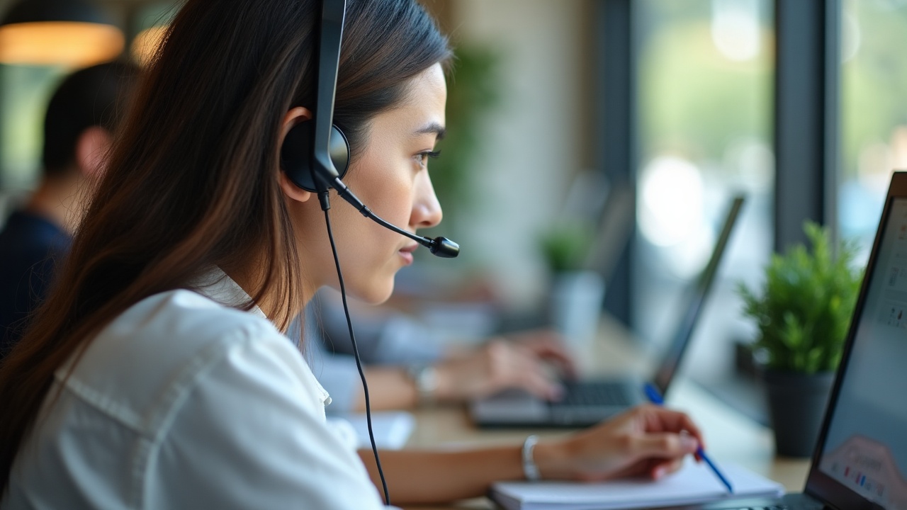 Close-up of a front office team member on a headset, taking notes during a customer call, representing proactive relationship management