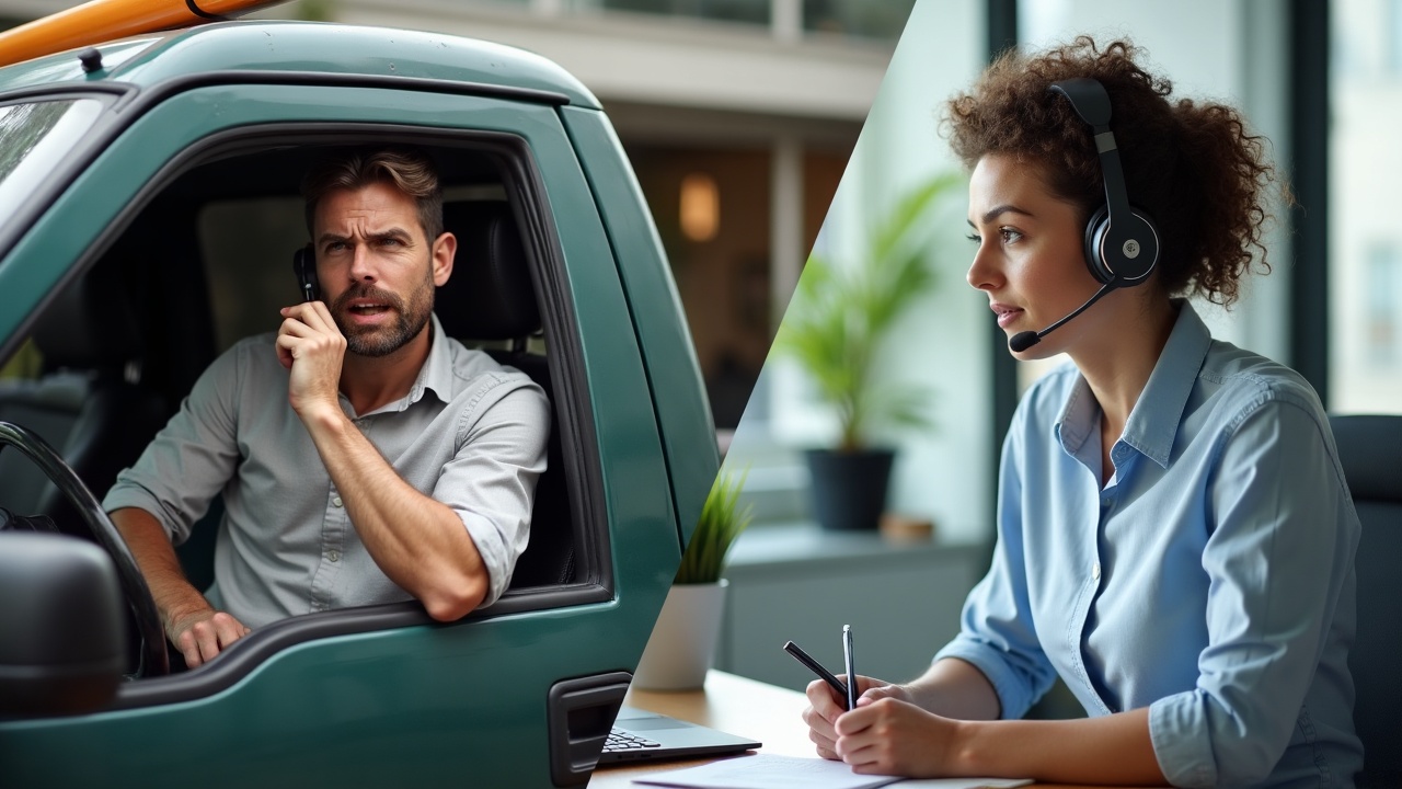 Split-screen image showing a frustrated pool contractor in a truck on the phone vs. a professional office team member calmly taking notes at a desk with a headset on