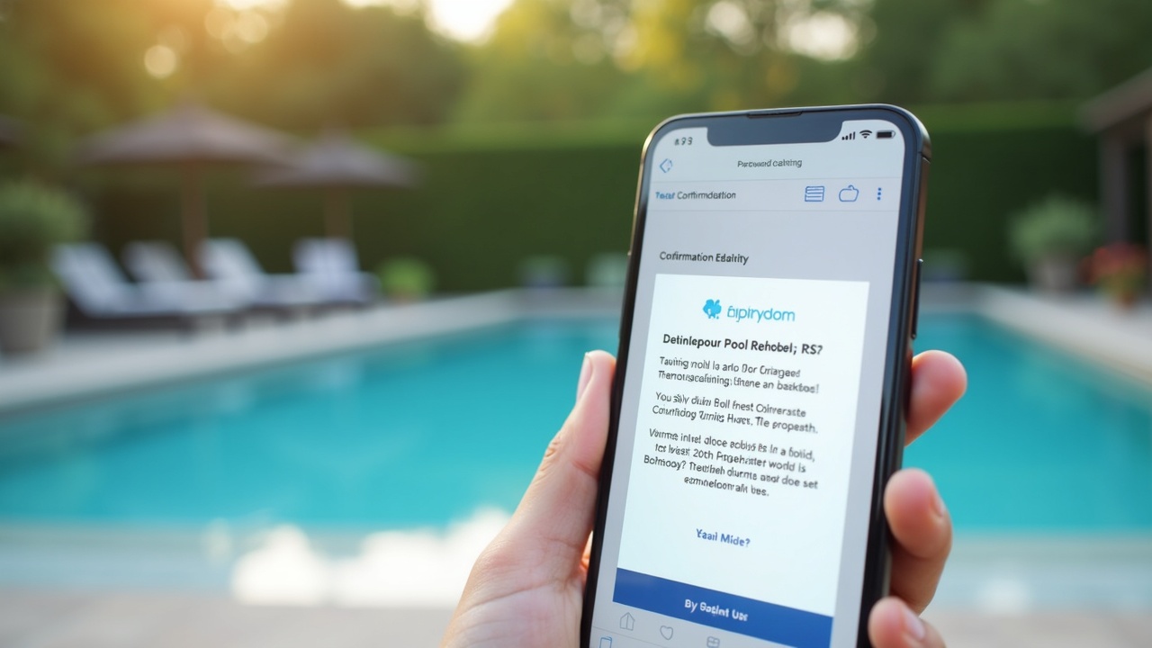 Professional-looking confirmation email or text message displayed on a smartphone screen with pool remodel appointment details, next to a modern backyard pool