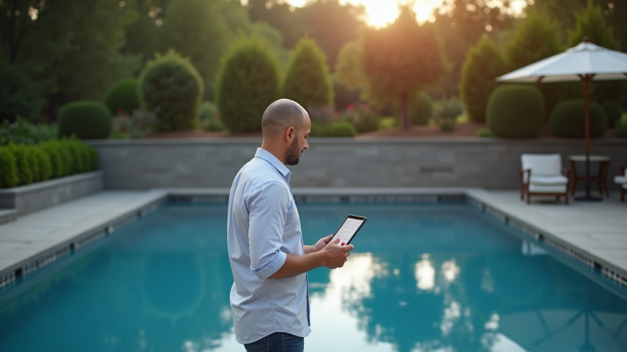Pool company owner reviewing a full calendar of booked renovation consultations on a tablet while standing beside a newly renovated pool
