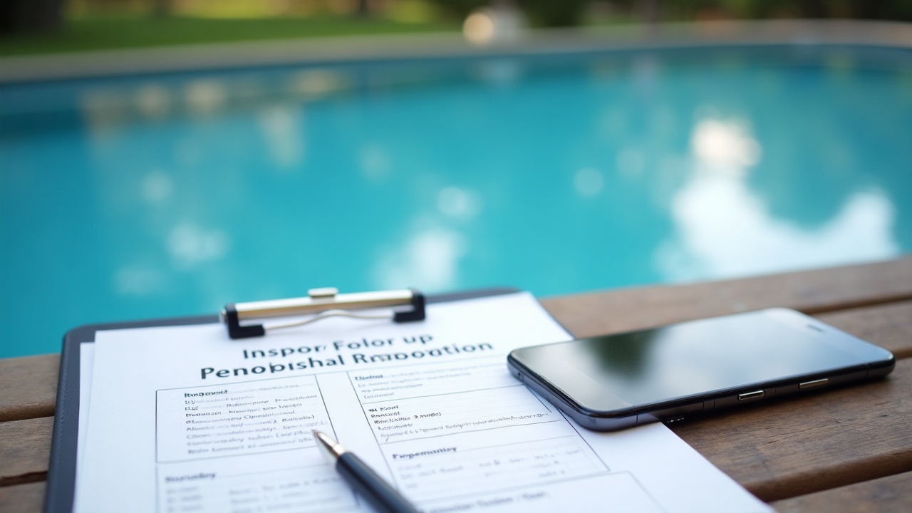 Close-up of a renovation proposal document on a clipboard next to a pool, with a pen and smartphone showing a follow-up calendar reminder
