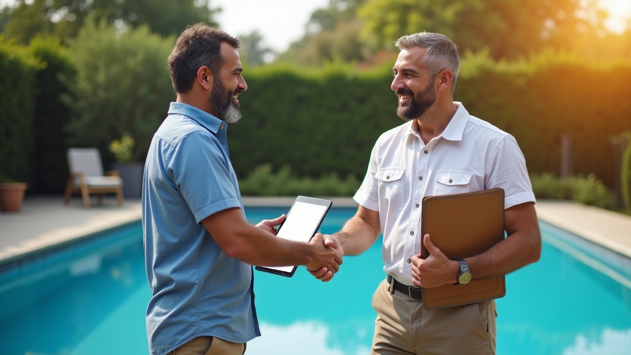 A pool contractor shaking hands with a homeowner at their backyard pool during a consultation, with a project folder and tablet visible