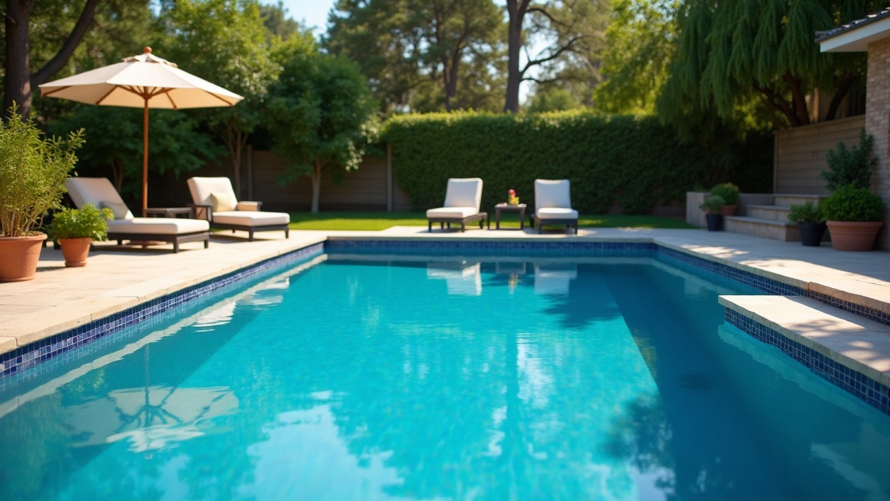 A newly renovated backyard pool with fresh tile, updated coping, and modern equipment, representing a completed high-value renovation project