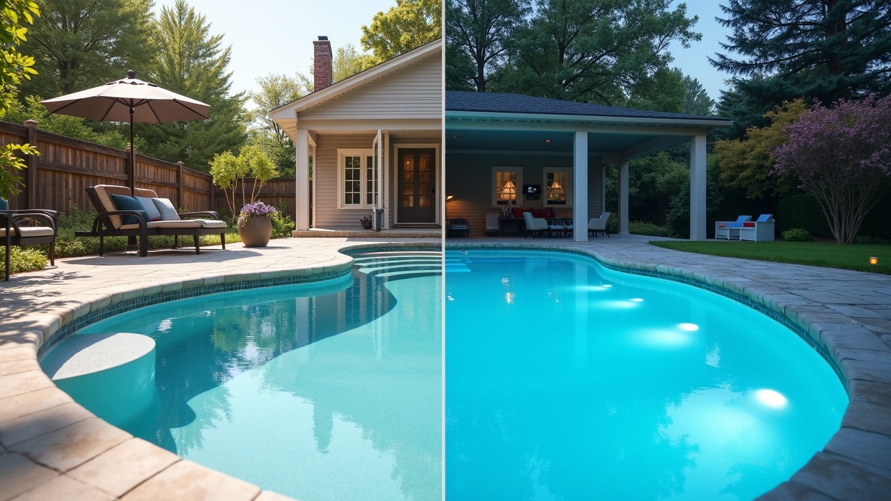 Before-and-after split image of a dated pool with cracked tile and faded plaster next to a beautifully renovated modern pool with LED lighting and new coping