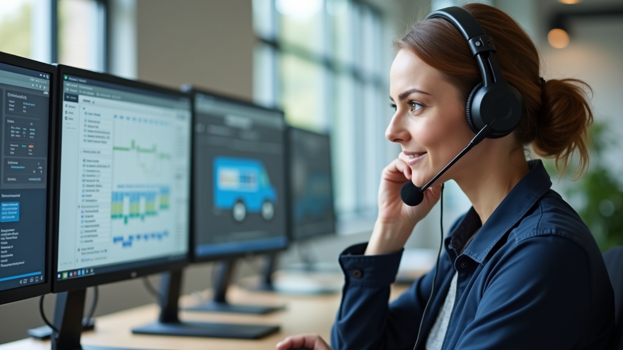 Professional office team member with headset answering call while looking at dual monitors showing calendar and customer information, with pool service truck visible through window in background