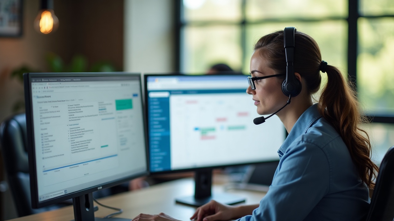 Professional front office team member wearing a headset, looking at a computer screen showing a pool service calendar with booked appointments