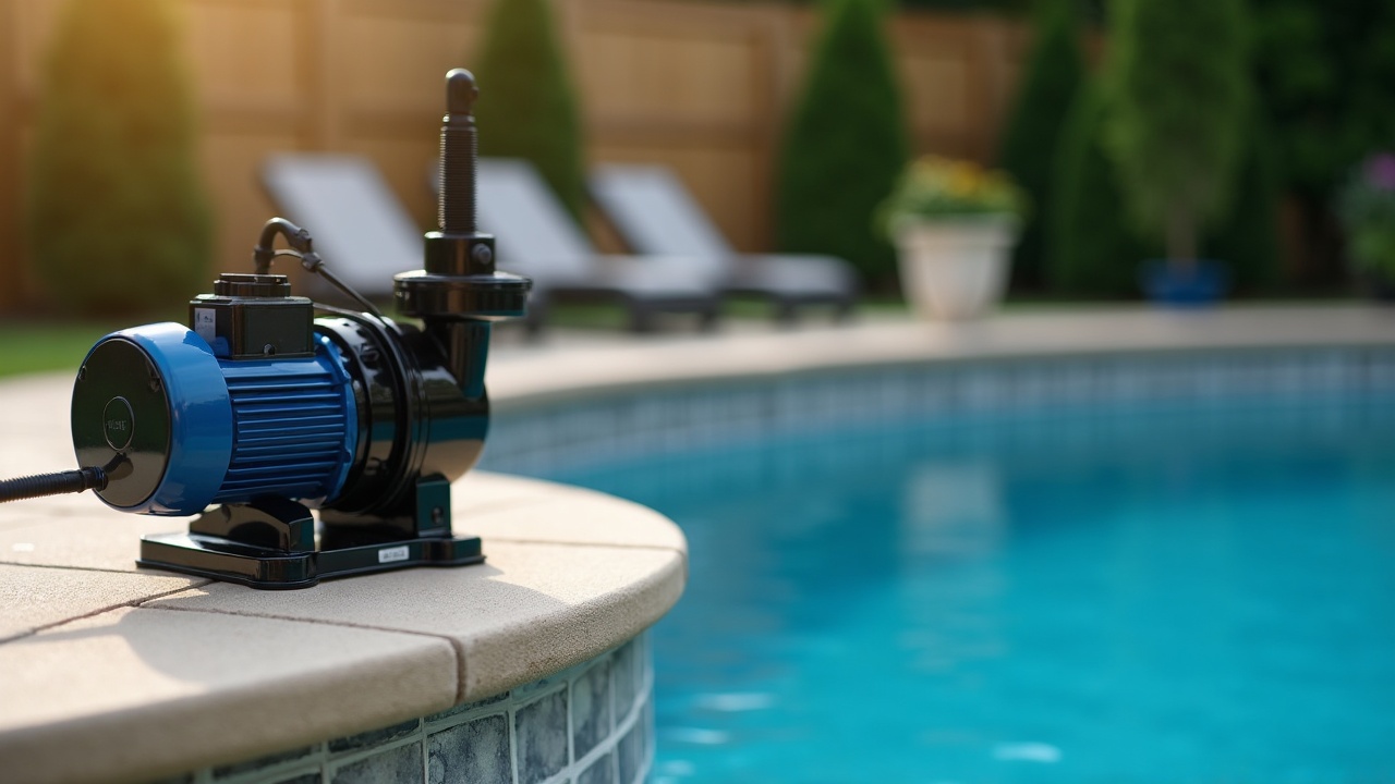 Close-up of a pool equipment pad showing a new pump installation next to the old failed unit, with a service invoice visible
