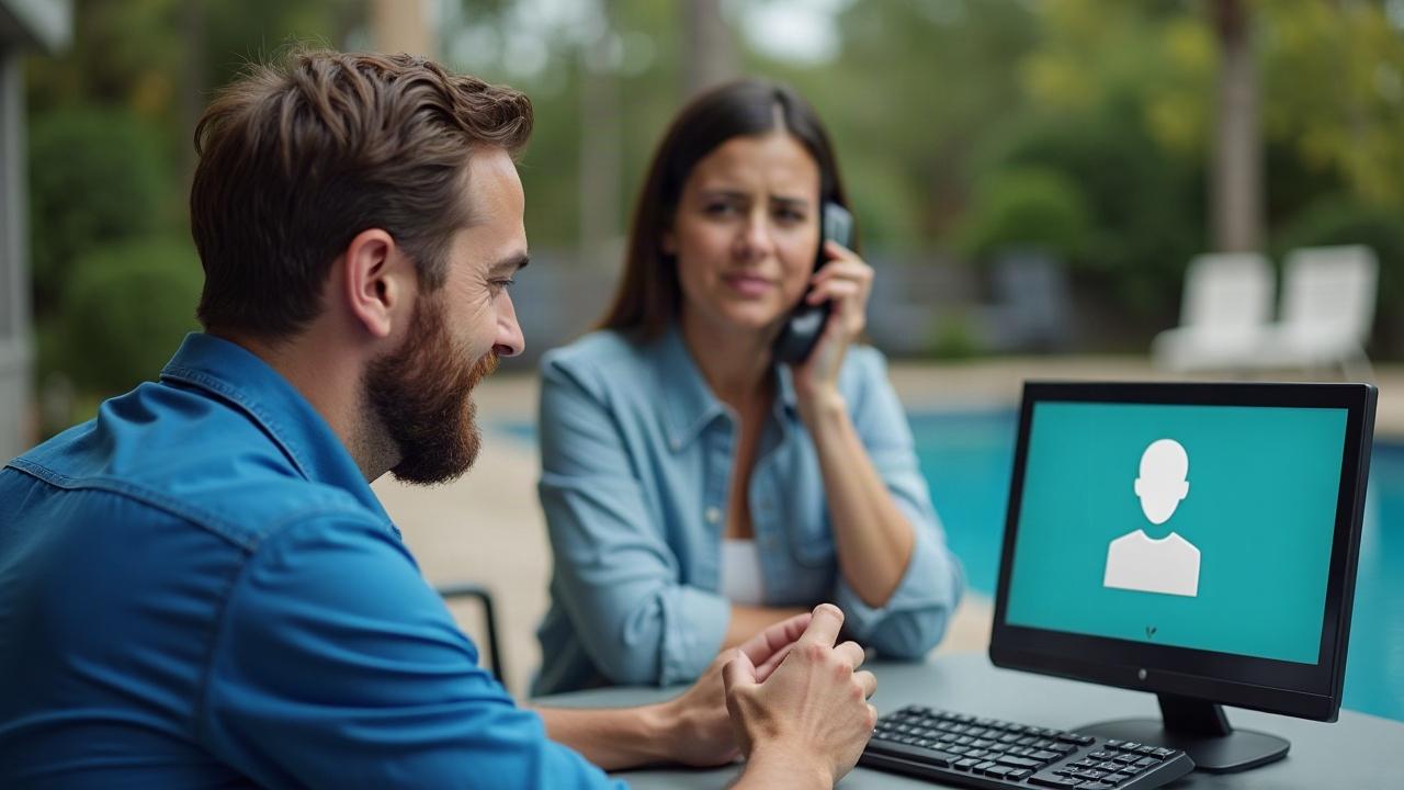 Split screen showing smiling pool technician answering phone on left, frustrated pool owner staring at voicemail screen on right