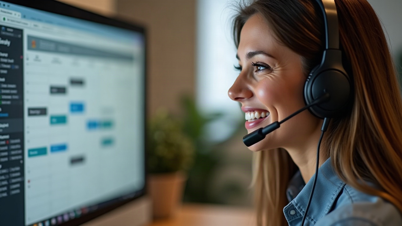 Professional woman wearing headset smiling while looking at scheduling calendar on computer screen, warm office lighting