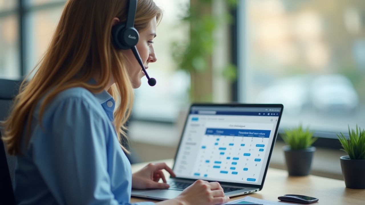 Professional office team member on headset reviewing pool service calendar and booking estimate appointment