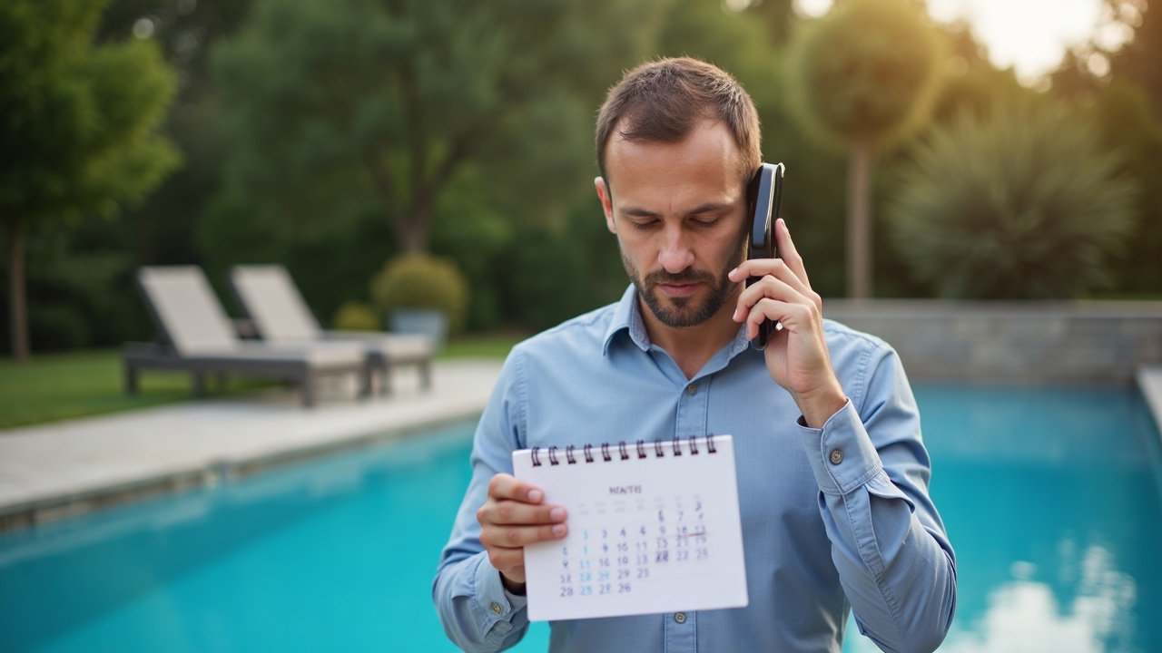 Professional team member on phone confirming pool replastering consultation appointment while looking at calendar