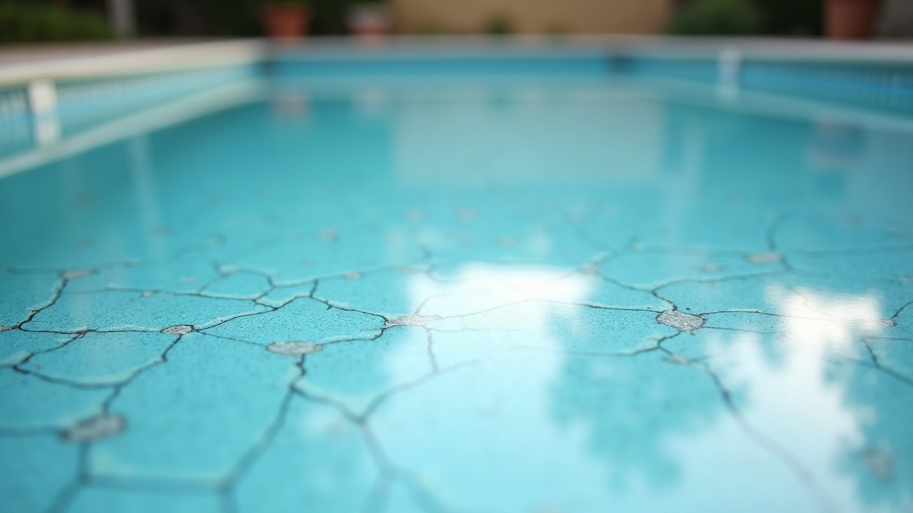 Pool with deteriorating plaster surface showing visible cracks and rough patches requiring replastering